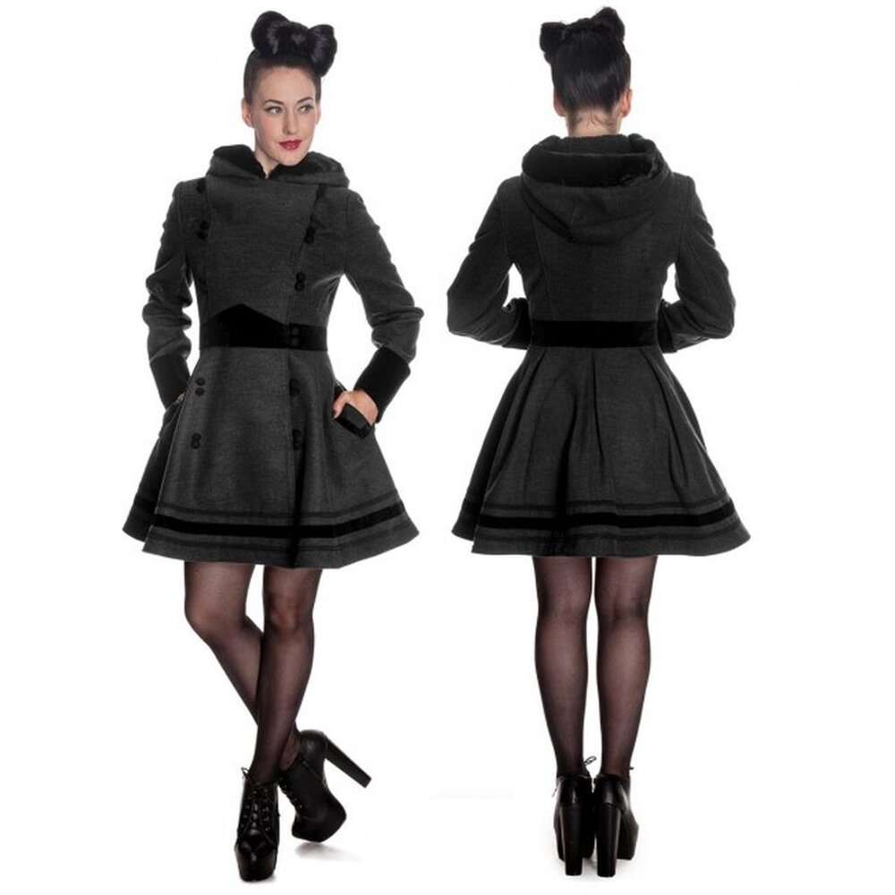 Hell Bunny Sofia Coat Black Double-Breasted Hooded Winter Coat